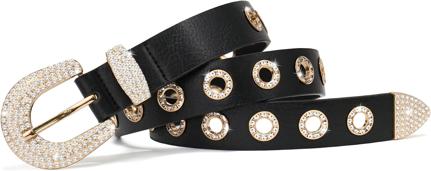 Women Rhinestone Grommet Belt, Bling Y2k Western Cowgirl Punk Faux Leather Belts for Jeans Dress Pants - Image 4