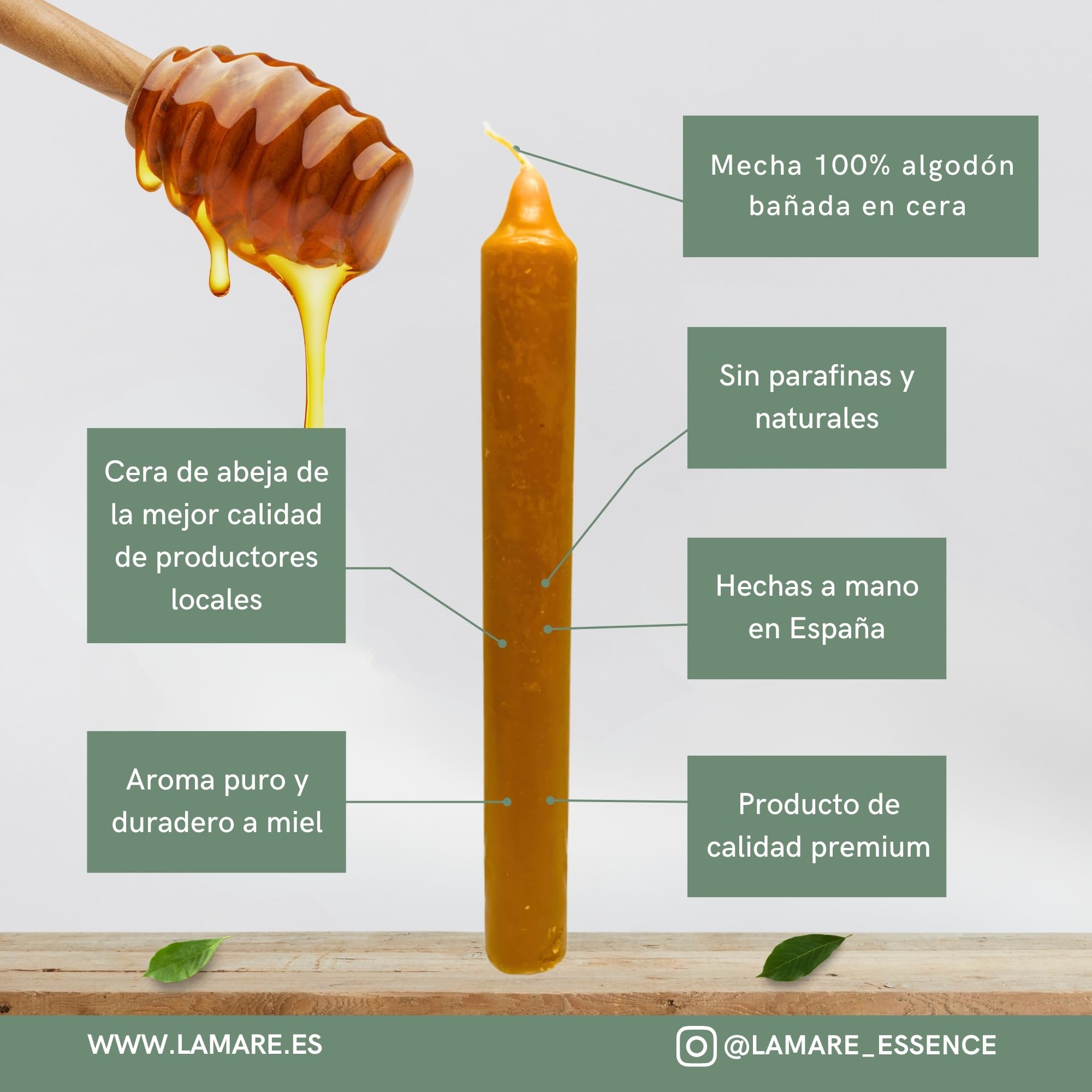 Lamare Bijenwaskaars, honingraat, 100% natuurlijk, 4 stuks - 15 cm lengte - 4,5 cm diameter, zonder paraffine, honingkaarsen, 100% handgemaakt