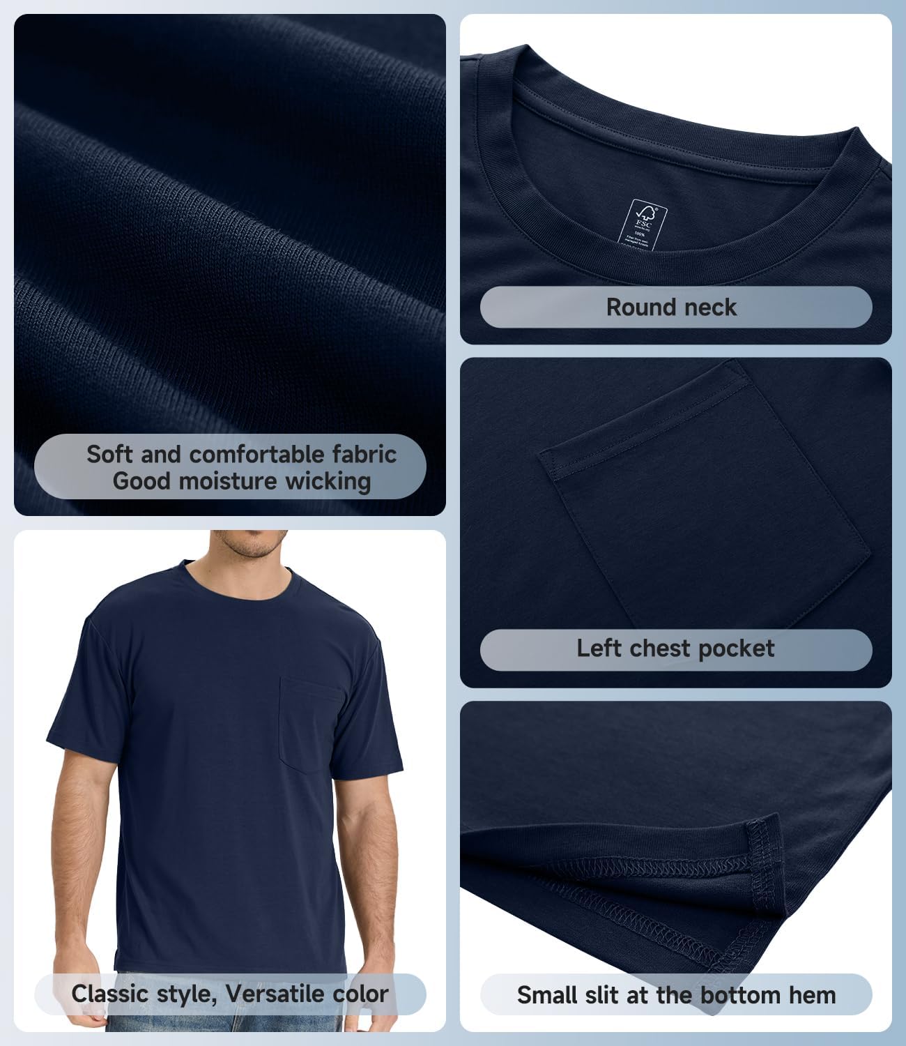 BAMBOO COOL Men's Pocket T-Shirts Heavy Weight Moisture-Wicking Tee Shirts Crewneck Short Sleeve T Shirts - Image 6