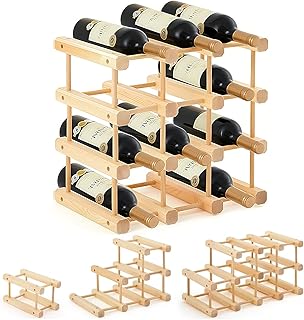 12-Bottle Wooden Wine Rack, Stackable Modular Wine Rack, DIY Assembly Wine Storage Rack, Wine Bottle Holder for Inside Cabinet and Countertop