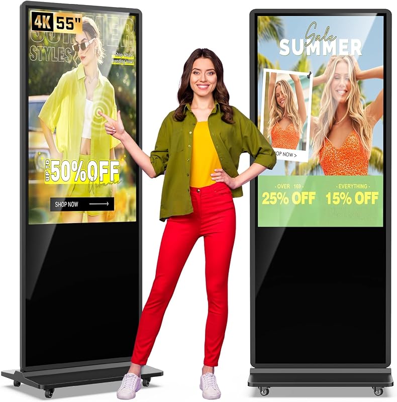 MWE Quiosco con pantalla táctil 4K de 55 pulgadas, pantallas de señalización digital de pie para interiores, tótem LCD con pantalla publicitaria, sistema Android con póster interactivo con reproductor multimedia automático