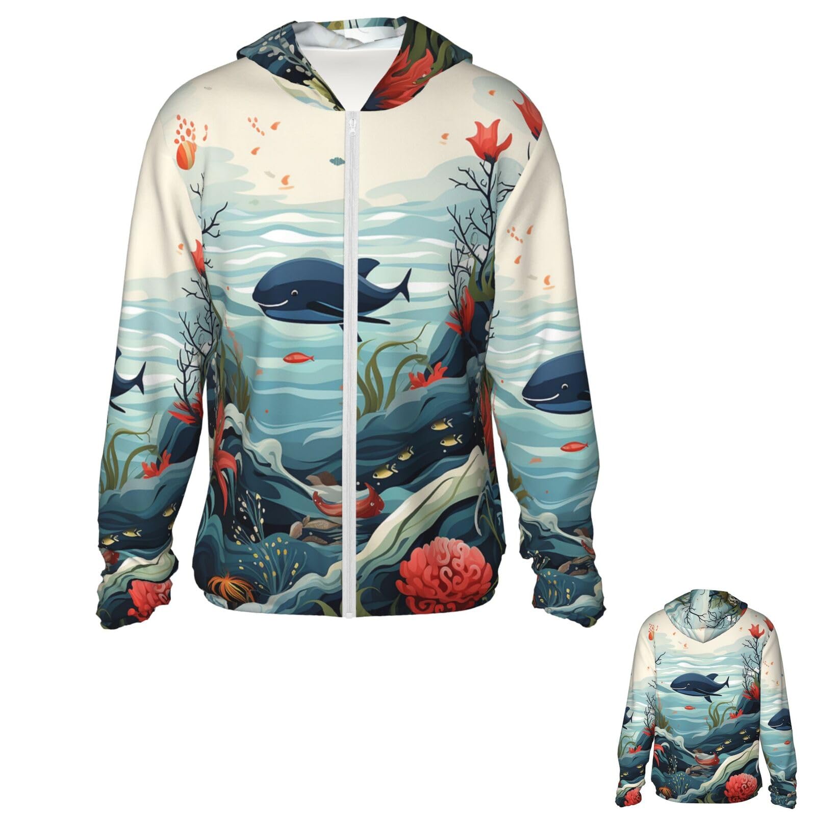 NONHAI Men's Sun Protection Jacket UPF 50+ Full Zipper Long Sleeve UV Hoodie Shirt Marine Pattern Women's Outdoor Jacket