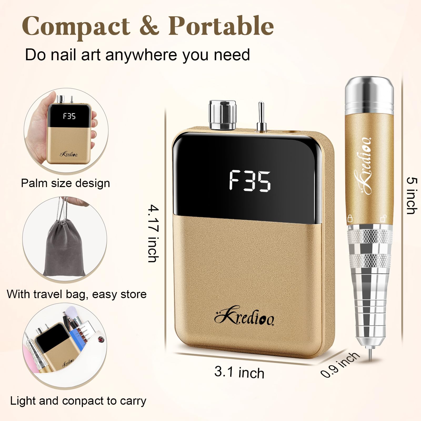 Kredioo 6 in 1 Nail Drill Machine Rechargeable, 35000RPM Electric E File with LCD Display - Image 2