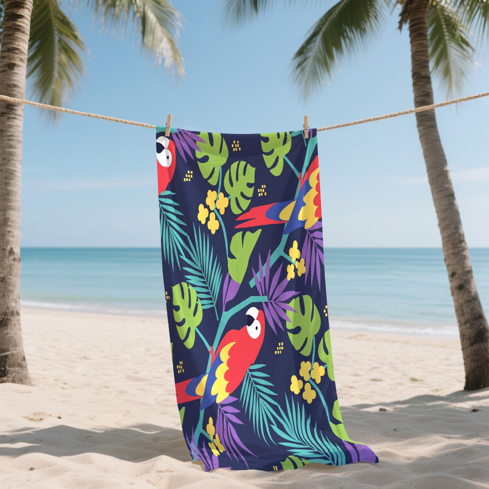 Serviette de Plage XXL Microfibre Perroquet Oiseaux Tropicaux Monstera, Drap de Plage Séchage Rapide Anti Sable & Légère, Serviette de Bain Grande Taille 150x200 cm, Accessoire