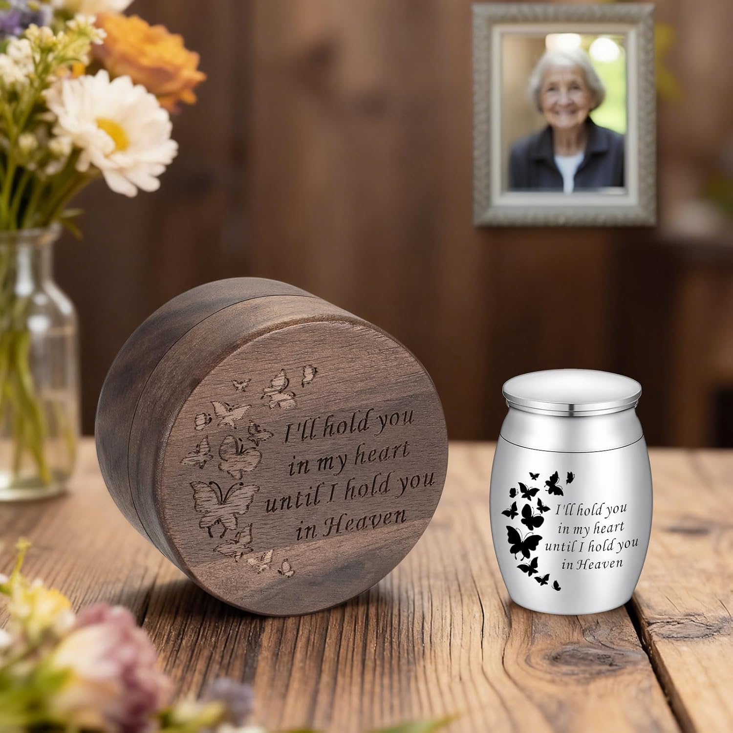 Dletay Butterfly Small Urns for Human Ashes Round Wooden Keepsake Box 1.57 Inches Mini Cremation Urns for Women Men Memorial Funeral Urn