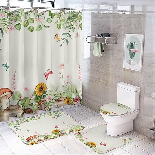 Miniatura 9 de Brebasf - Juego de 4 cortinas de ducha impermeables con diseño de hongos bohemios y retro, diseño de girasol, diseño de hongos florales, con