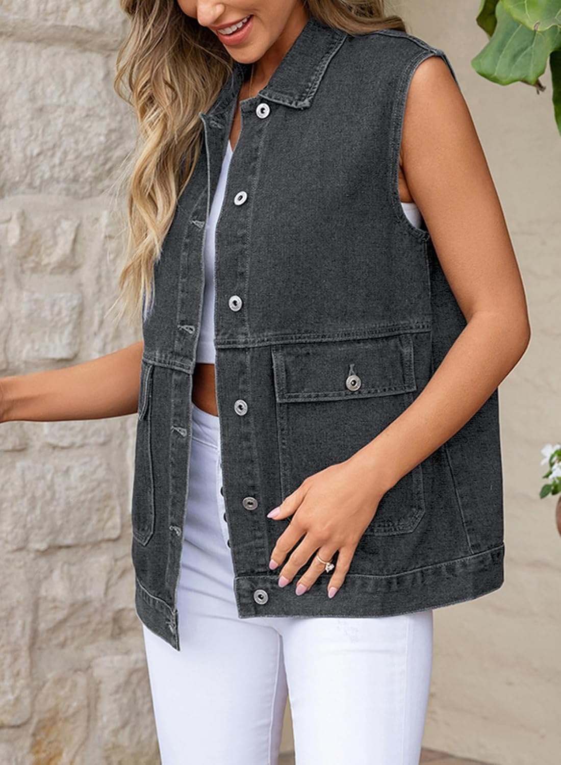 Dokotoo Women's Button Down Denim Vest Sleeveless Jean Jacket with Pockets Classic Cotton DenimTop - Image 3