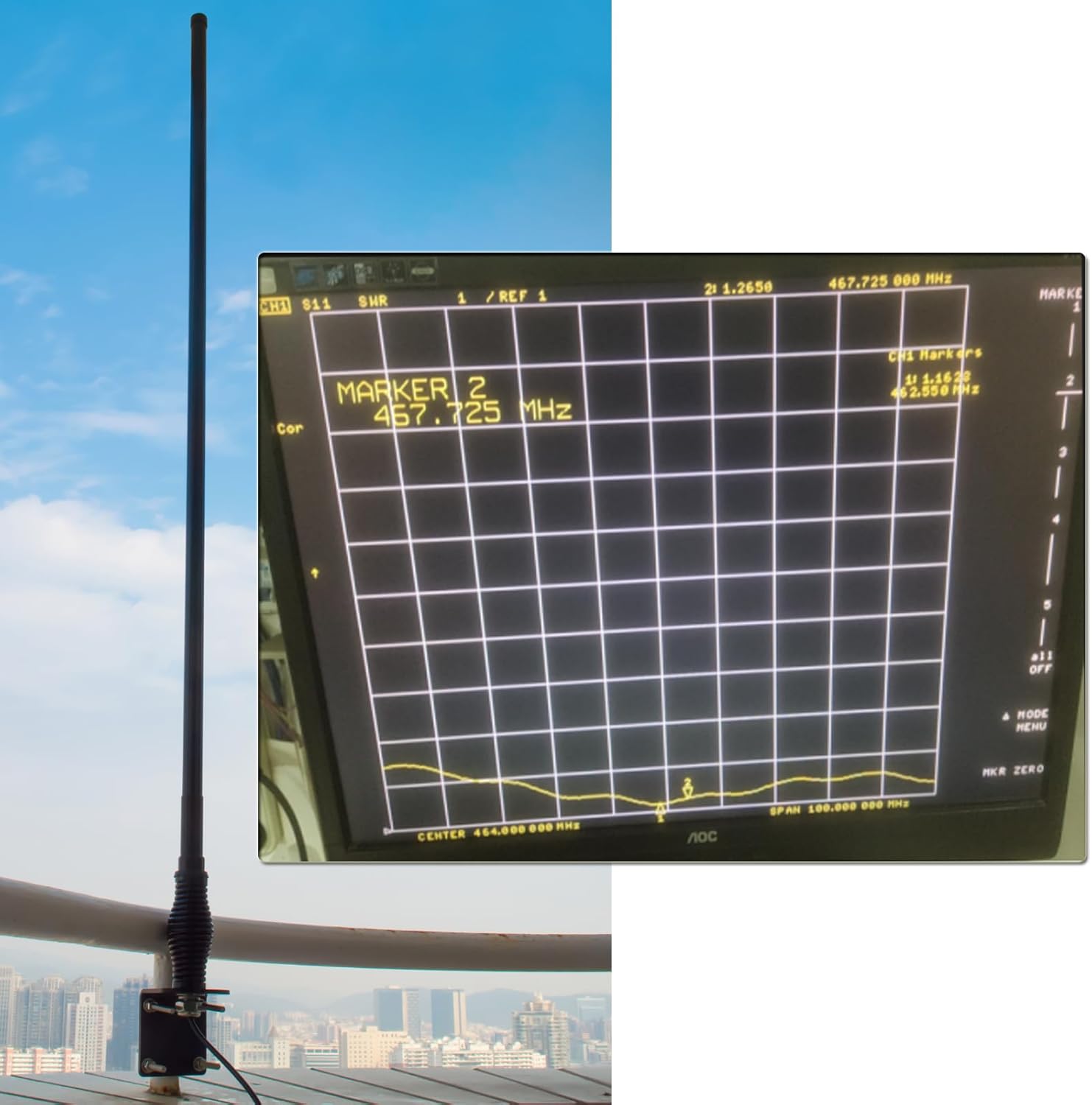 HYS Pre-Tuned 462-467MHz UHF Amateur GMRS Base Antenna, 6.5dBi 3.6ft Vertical Base Antenna W/Heavy-Duty Barrel Spring, W/L-Bracket Hole & U-Bolt, 16.4'/About 5m RG-58 Coax Cable, Black