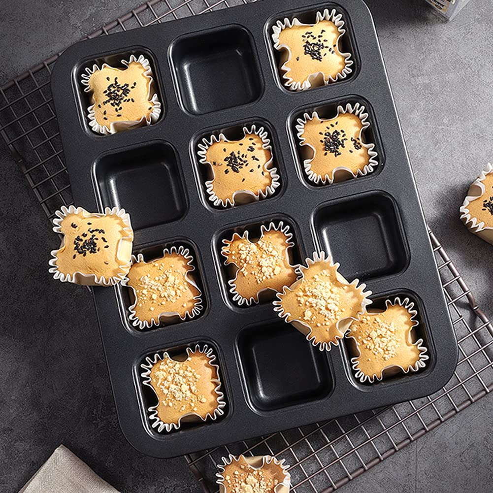 CANDeal Moule à Brownie Antiadhésif De Taille Morsure, Mini Moule à Pain à 12 Cavités Pour La Cuisson, Moules à Muffins Carrés En Acier Au Carbone Robuste