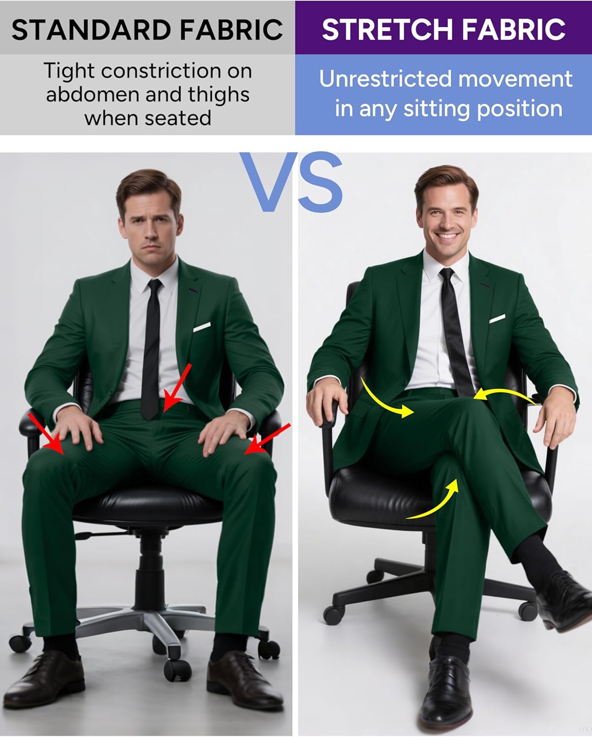 Mens Stretch Suit Slim Fit 3-Piece, 2 Buttons Jacket Vest Adjustable Waist Pants - Image 4