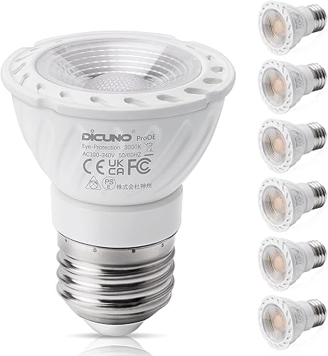 DiCUNO Bombilla LED PAR16 de 5 W, equivalente a halógeno de 50 W, blanco cálido de 3000 K, alto CRI 98, 100-240 V, base E26, 400 lúmenes, foco no