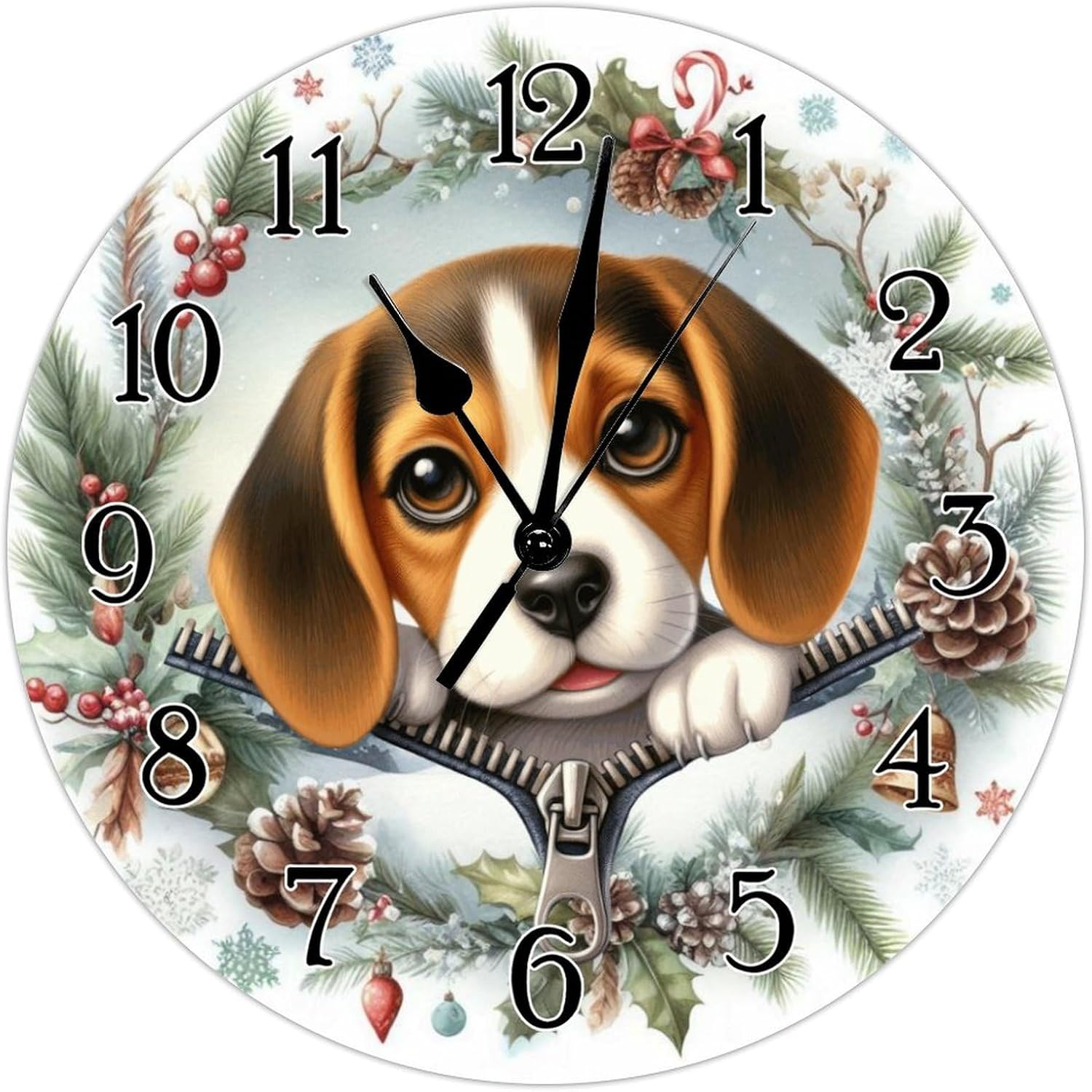 Beagle Wooden Clock Beagle Funny Zipper Peeking Dog Wood Clock Battery Operated Silent Wood Wall Clocks Gift for Dog Lover Wooden Clock for Kitchen Dinning Room 15x15in