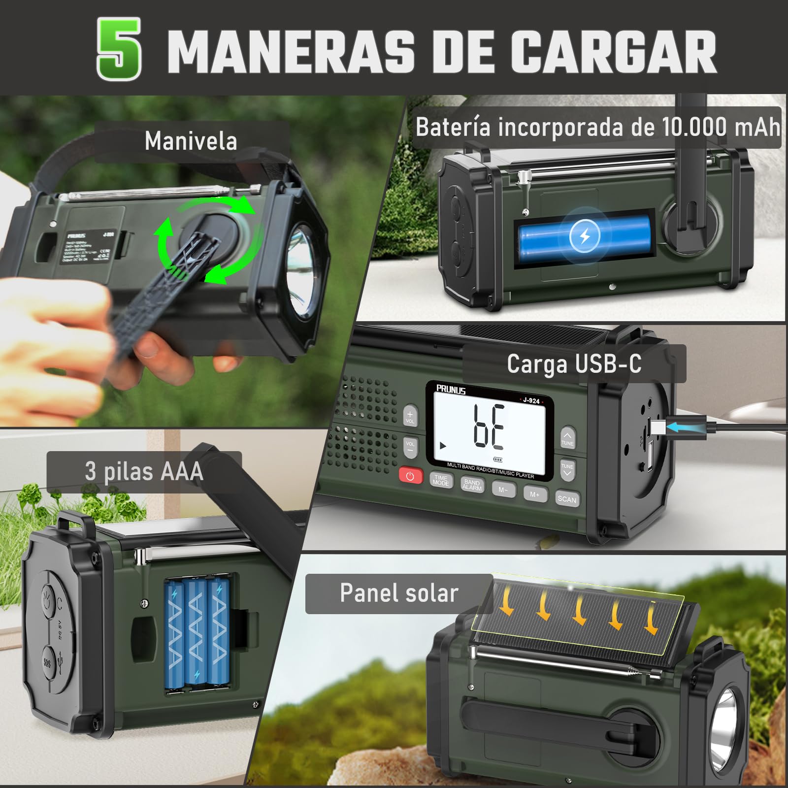PRUNUS J-924 Am/FM/SW Radio Solar y a Pilas, Radios Digital con Función de Preselección, Radio Portatil Pequeña Recargable de 10000 mAh, Radios Emergencia con Manivela, Linterna, SOS.