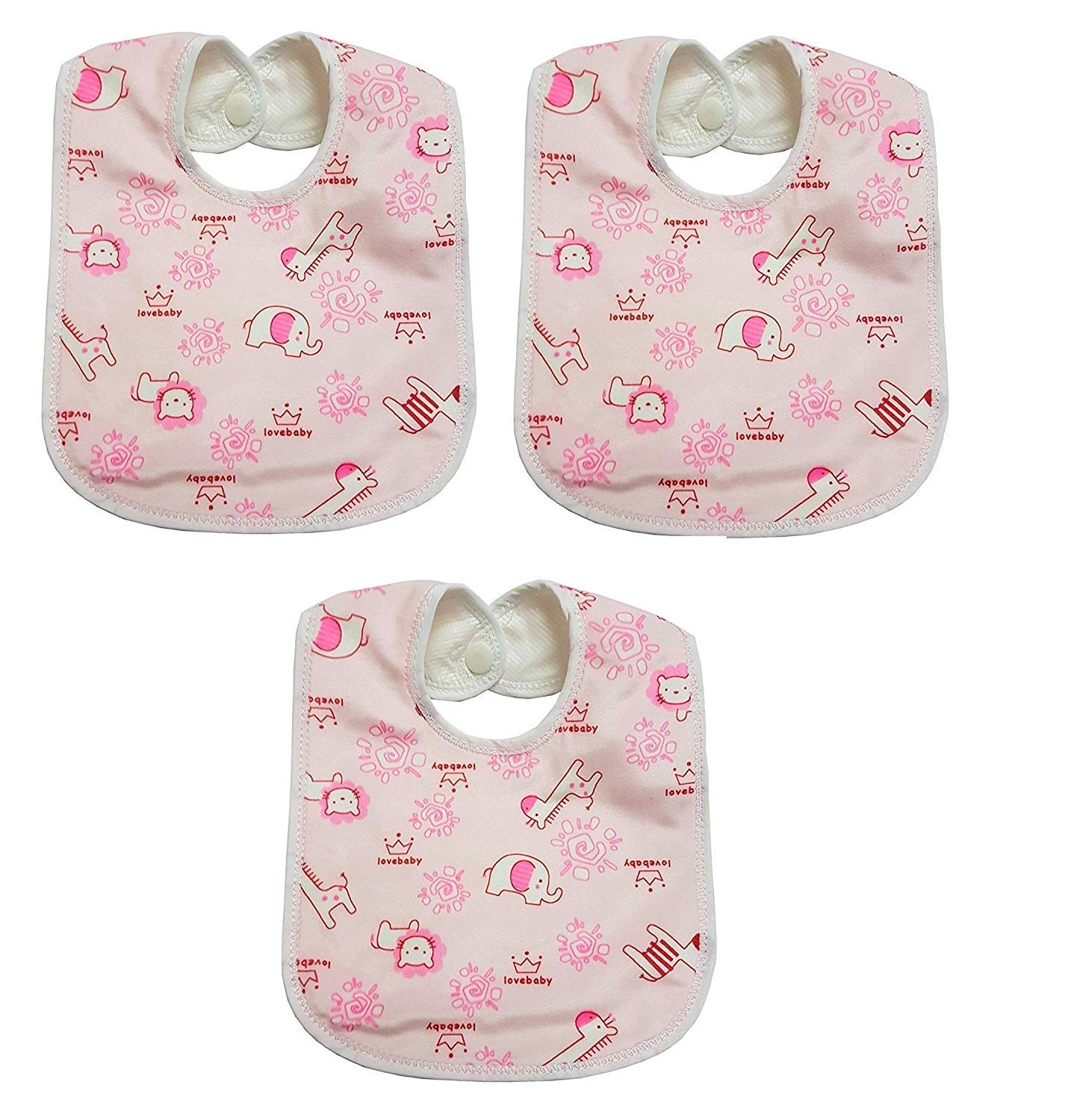 Baby Button Bibs/Apron Cute Multi Print|with Tich Button| Waterproof Bib Set (Pack Of 3 -Pink)-image-1