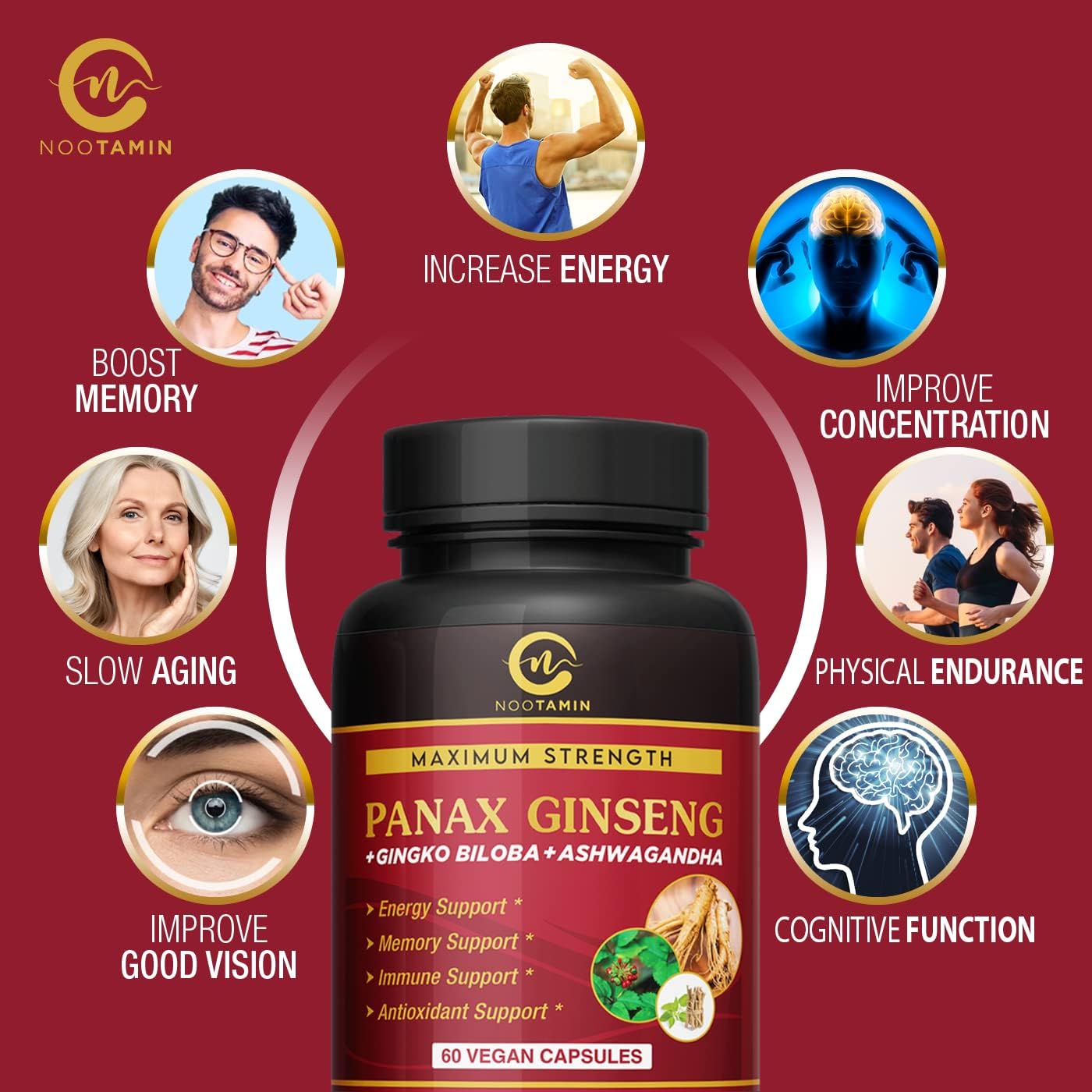 Nootamin Naturals Authentic Korean Red Panax Ginseng 7000mg + Ginkgo Biloba + Ashwagandha for Energy, Strength, Focus, Memory for Men and Women 60 Vegan Capsules