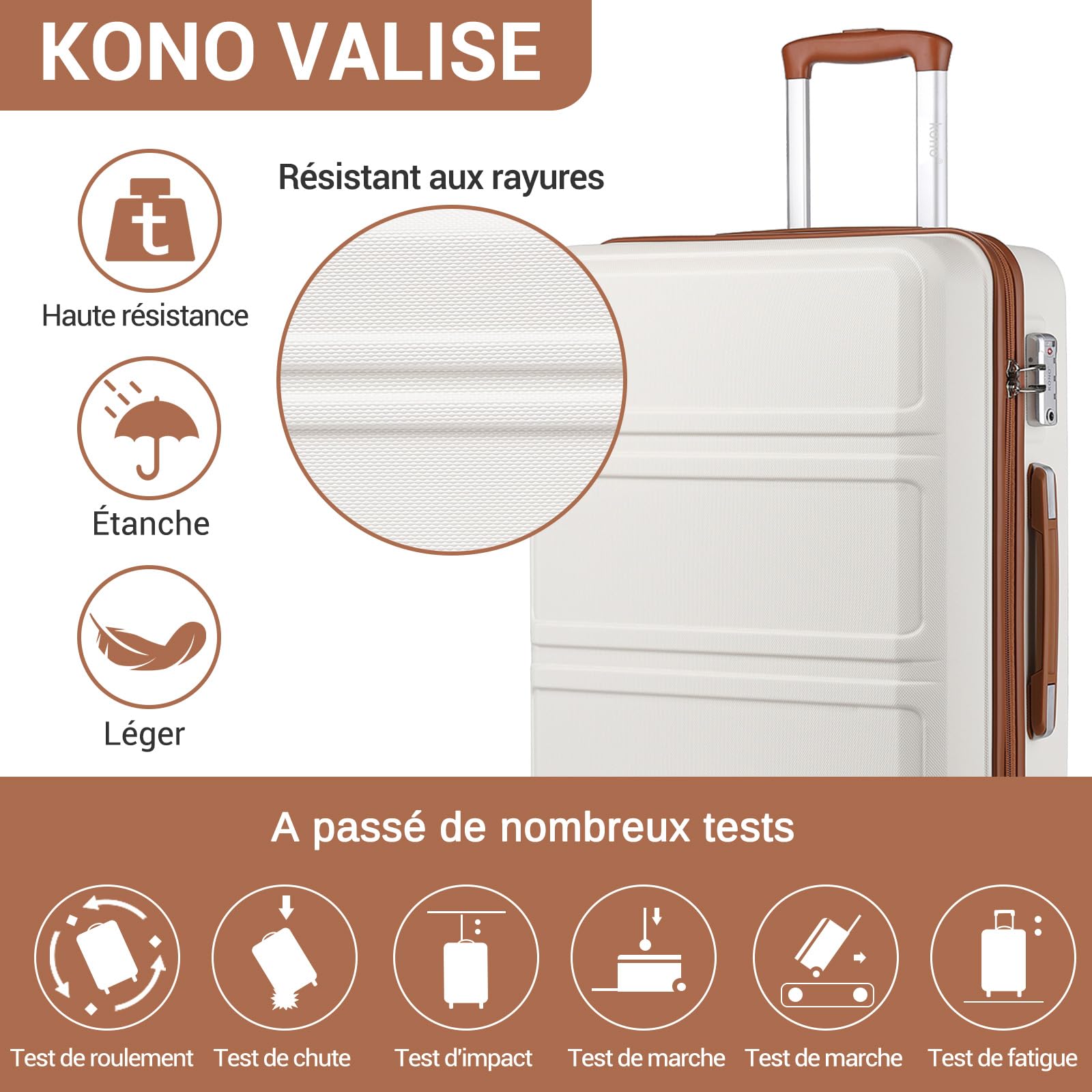 Kono Valise Grande 74cm Rigide ABS Valise de Voyage à 4 roulettes et Serrure TSA, Blanc Crème - 4