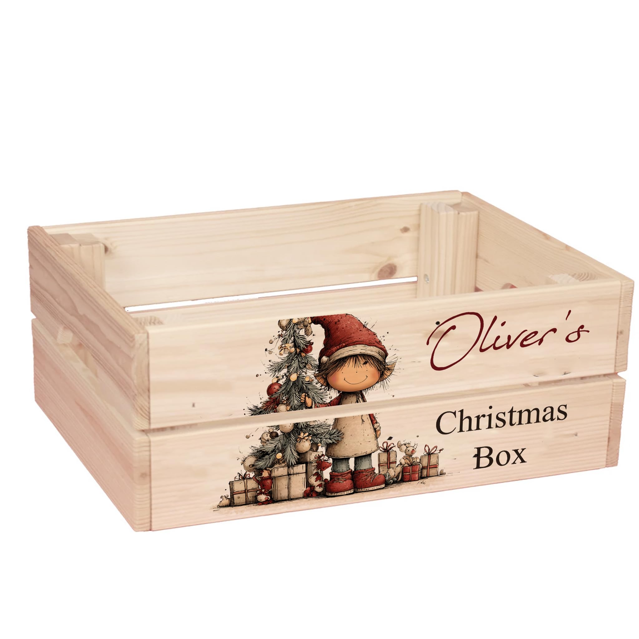 ukgiftstoreonline Personalised Christmas Eve Box with Santa, Trees, Reindeer, Snowman Designs, Wooden Storage Crate, 30.5 x 25 x 12 cm, Holiday Presentation Box with Side Handles (ELF-3) โ image 1