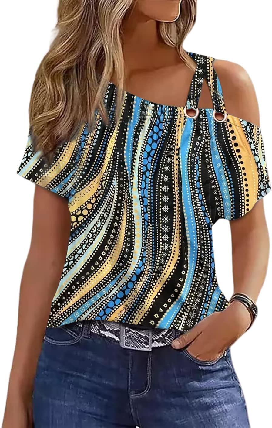 Womens Summer Trendy Cold Shoulder Short Sleeve T Shirts Criss Cross Casual Loose Tunic Shirts Tops Blouses