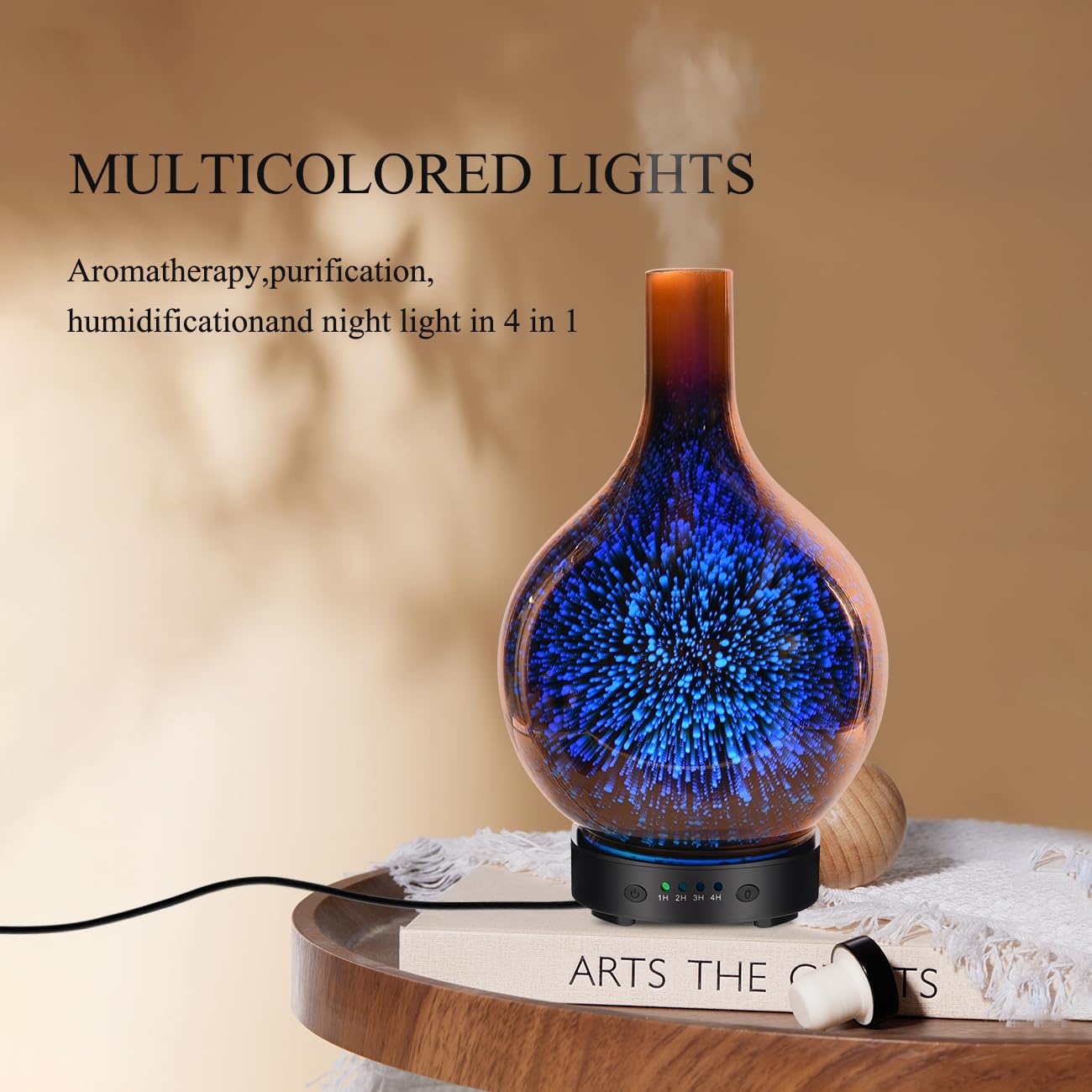 Diffusore di aromaterapia ad ultrasuoni per oli essenziali con vetro fatto a mano, bisfenolo A, spegnimento automatico senza acqua, 4 impostazioni timer, 7 opzioni di luce LED variabili