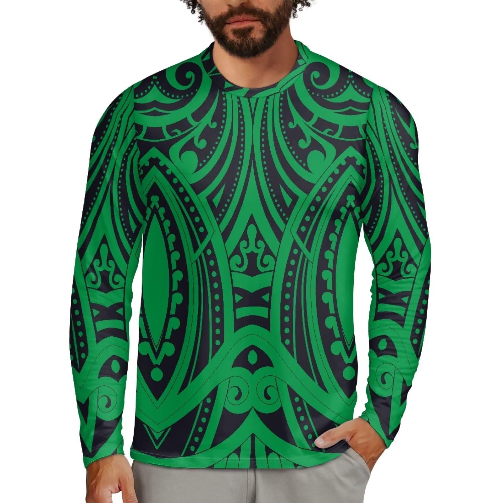Guosanchn Puletasi Samoan T Shirt for Men Green Tops Long Sleeve Shirt Hawaiian Tee Shirt Casual Workout Shirt Outdoor Athletic Shirt Geaphic Novelty Tee Tops Spring Costume 4XL