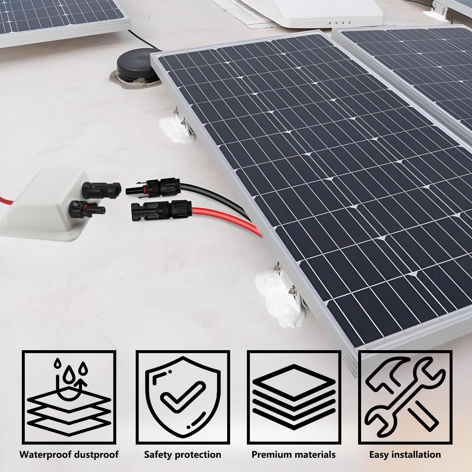 IP68 Pannelli Solari Scatola di Giunzione Impermeabile Doppio Passacavo Solare Pssacavo per Tetto con Cavo di Prolunga Solare da 6,5 Piedi per Cavi Solari Roulotte Barche Camper