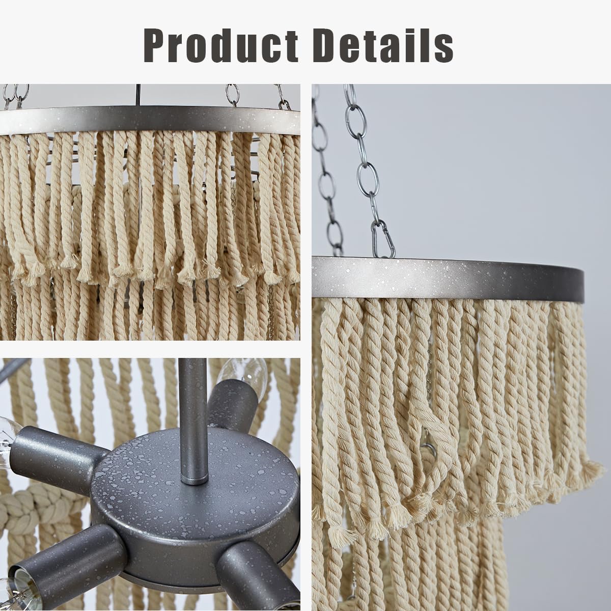 30 Inch 3-Tier Boho Hand-Weaved Fringe Chandelier, Bleached Jute Fringe Hanging Light with Silver Metal Frame, Elegant Light Fixture for Dining Room, Bedroom, Living Room