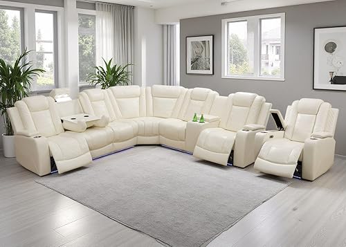 Miniatura 16 de Juego de sofá seccional reclinable eléctrico con luz LED, sofá esquinero reclinable de cuero y silla, muebles reclinables de teatro con Crema