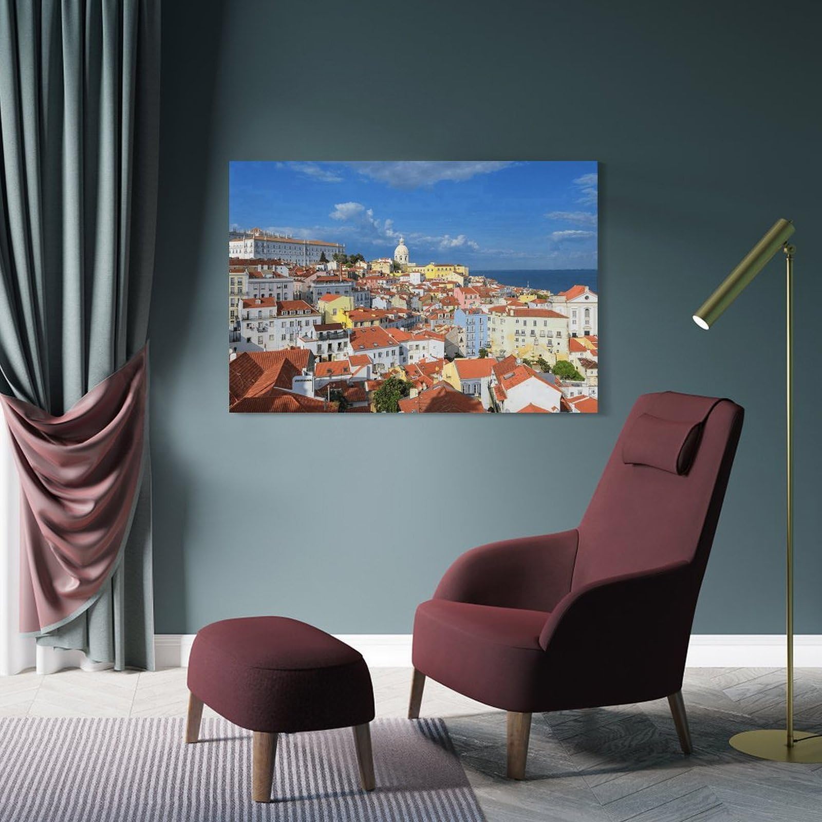 Junmoney Frame-Style-19 Lisbon Cityscape With Red Roofs Room Decor Wall Art, 20X30inch(50X75cm), For Living Room, Bedroom, Office Or Hallway, Decorative Artwork With Broad Appeal