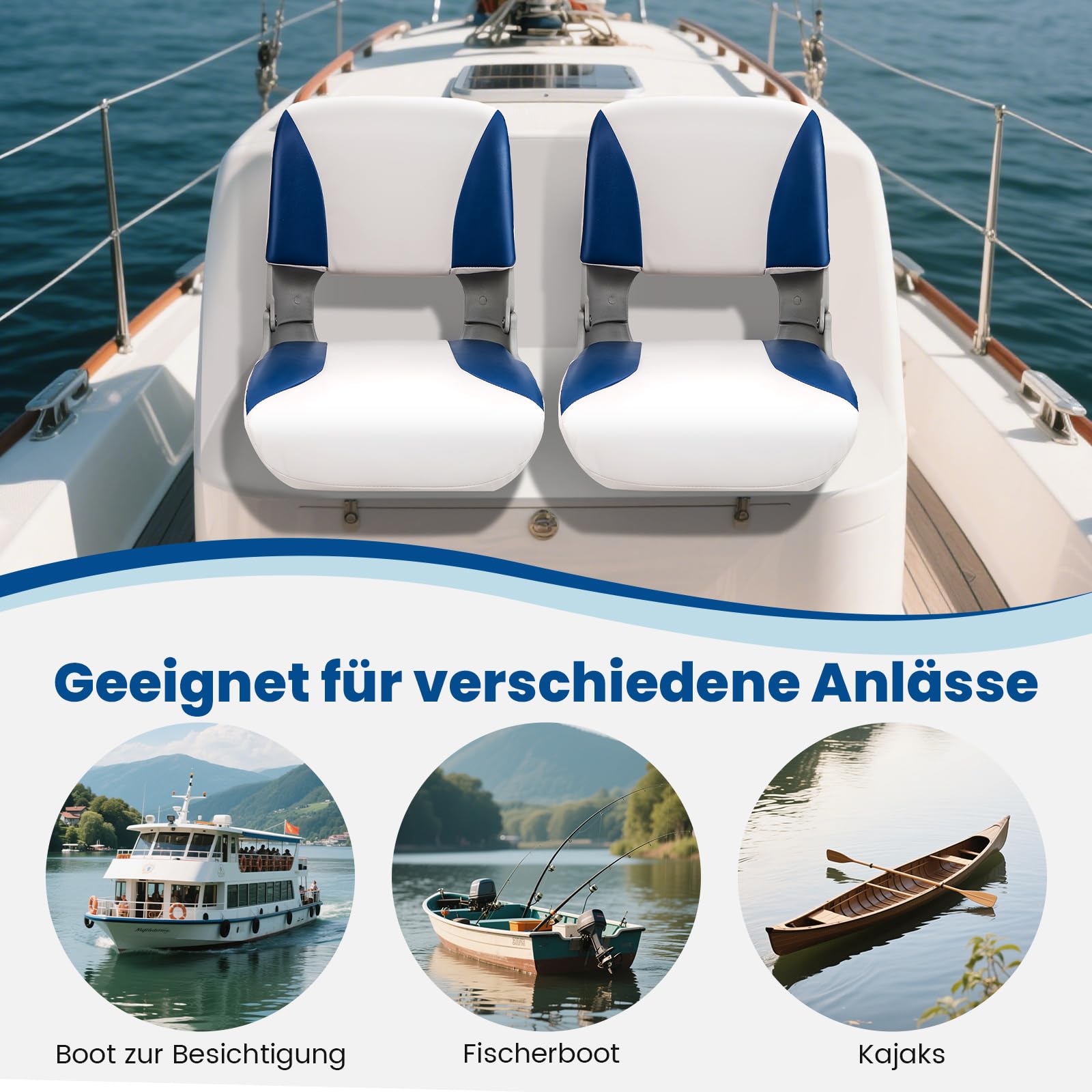 GYMAX Set de 2 Sillas Plegables para Barco, Silla de Timón Resistente a la Intemperie con Almohadón de Espuma Gruesa y Superficie de PVC Impermeable, Silla Ergonómica para Barcos, para Yates, Botes