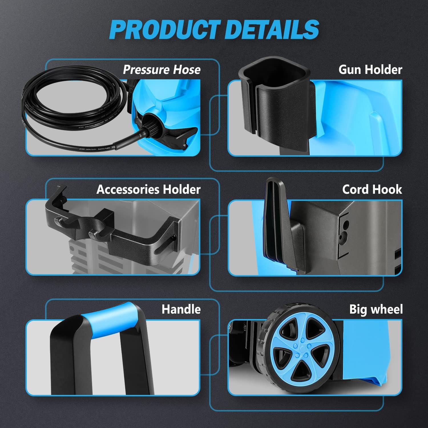 DNA Motoring TOOLS-00227 Up to 1813 PSI 1.45 GPM IPX5 1500W Electric Pressure Washer Car Wash Machine with Adjustable Nozzle Spray Soap Bottle, for Yard Car Driveway Patio Deck Cleaning (Blue)