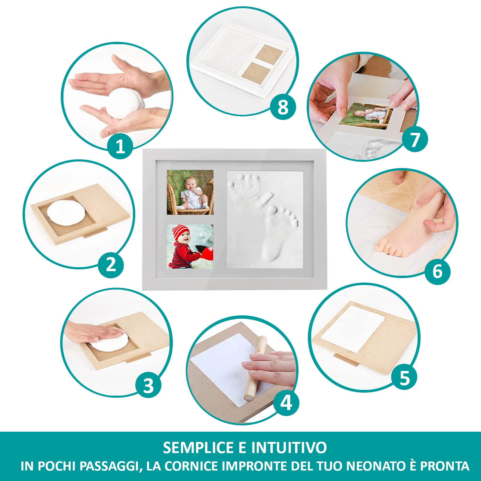 Cornice Impronte Neonato 5ª Generazione Kit Impronte Mani e Piedi Argilla Morbida Regalo Neonati Portafoto Tavolo Parete