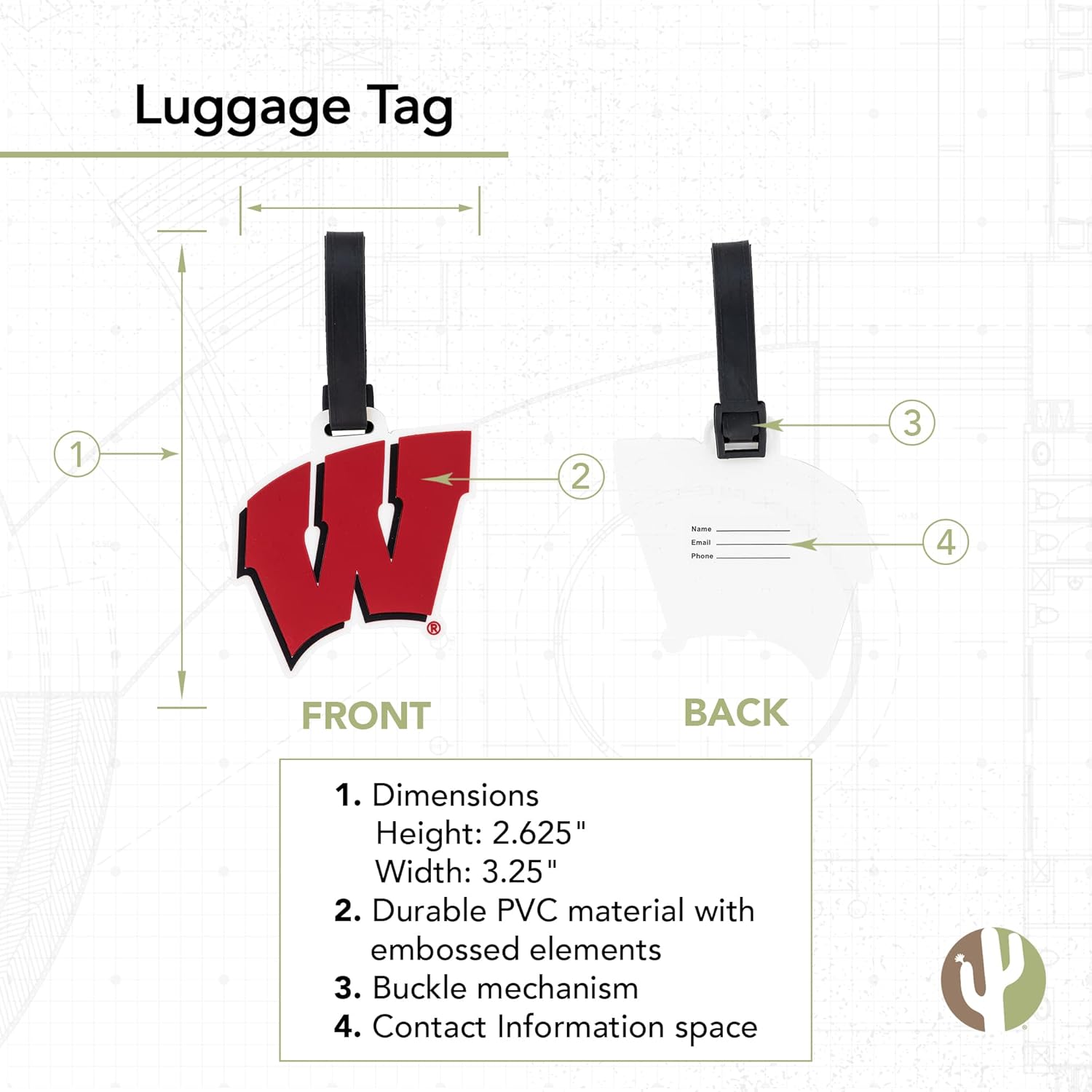 Desert Cactus University of Wisconsin Luggage Tag – Official UW Badgers Travel ID Tag for Suitcases, Bags, and Carry-Ons (PVC - Design A)