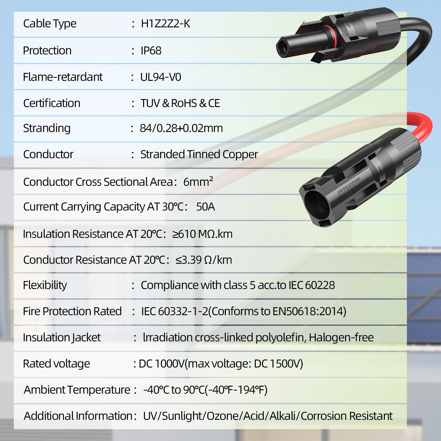Cavo di prolunga solare da 15 m, 10 AWG, cavo per pannello solare con connettori femmina e maschio, per camper all'aperto, sistemi fotovoltaici off-grid (nero + rosso)