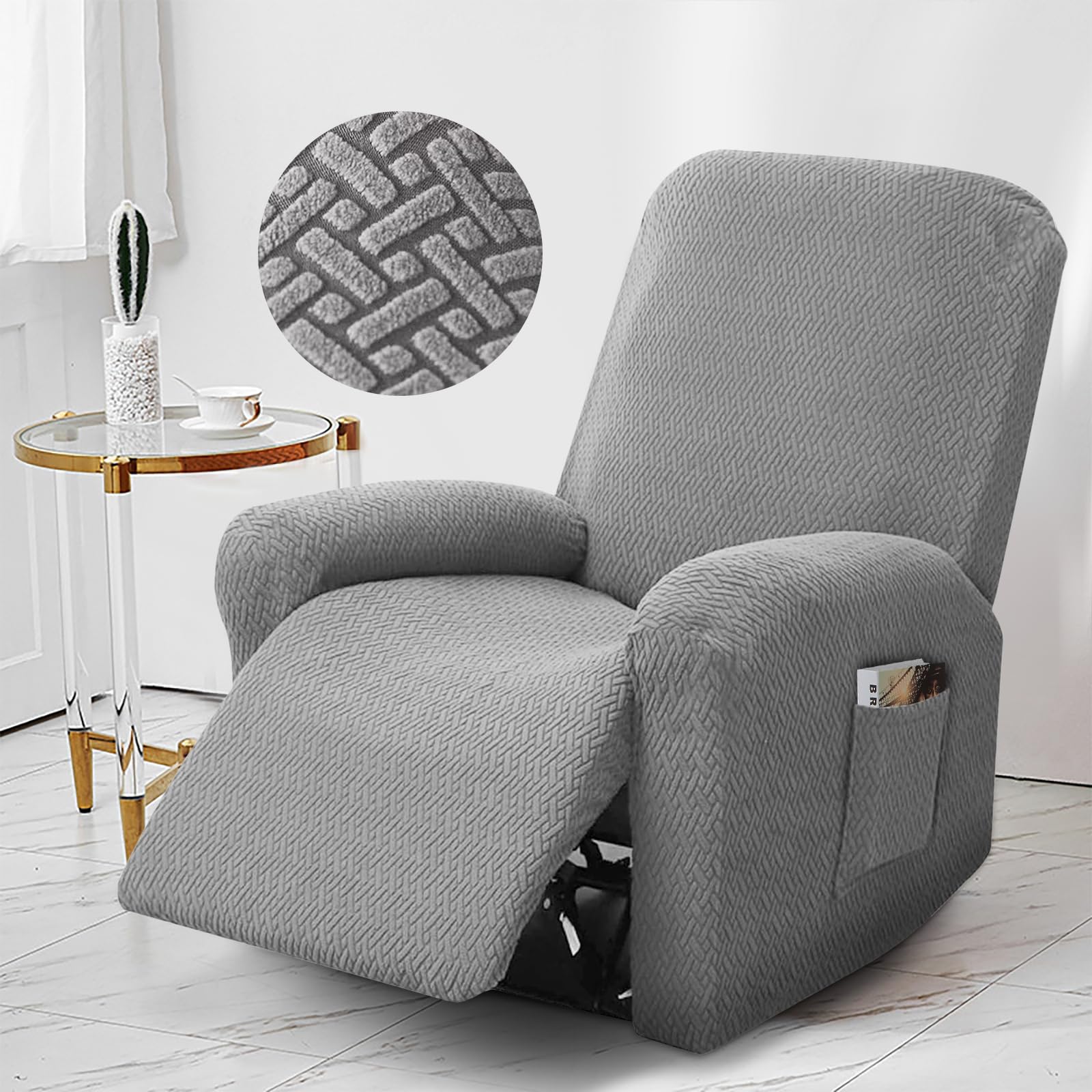 Copripoltrona universale 4 pezzi in set, Copripoltrona 1 posto con Braccioli Relax, copri poltrone elastico con tasche, per televisione e sdraiamento (Grigio chiaro)