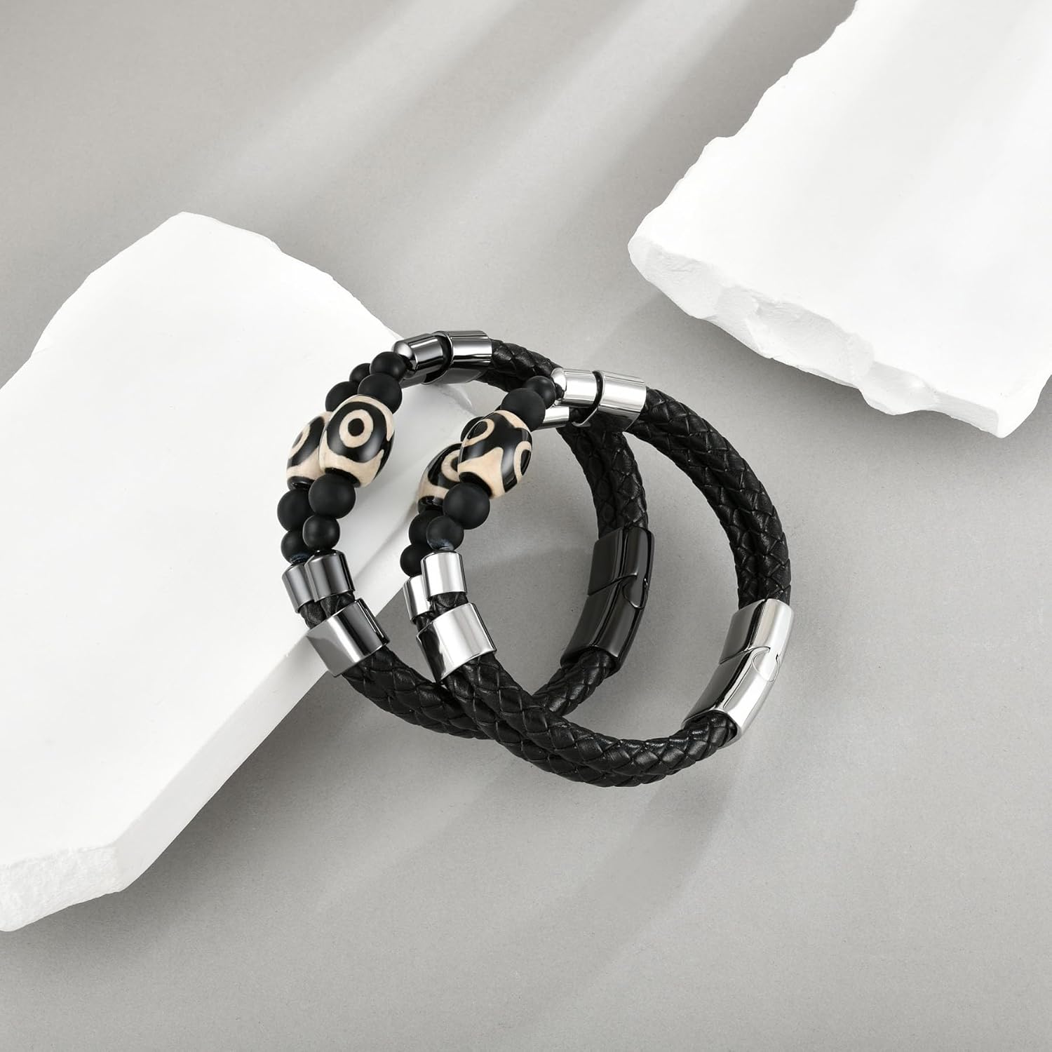 Mens Leather Bracelet Black Onyx Protection Healing Stone Bead Bracelet for Men Stainless Steel Evil Eye Clasp Cuff Bracelets Jewelry