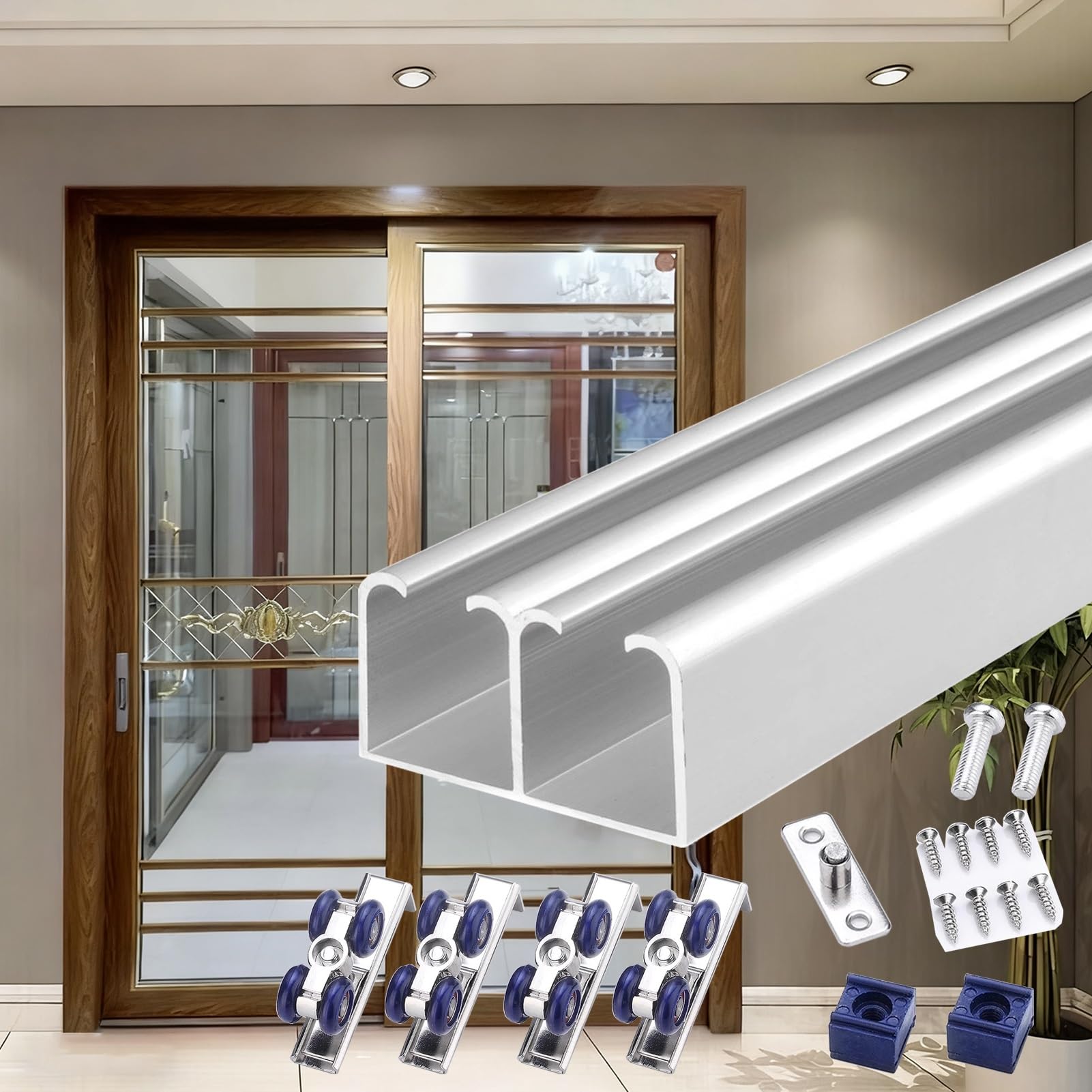Kit hardware per porta scorrevole resistente, sistema di bypass a doppia guida per porte da 76,2 cm a 243,8 cm, binario in alluminio per patio, armadio, cucina, argento 58in / 147 cm