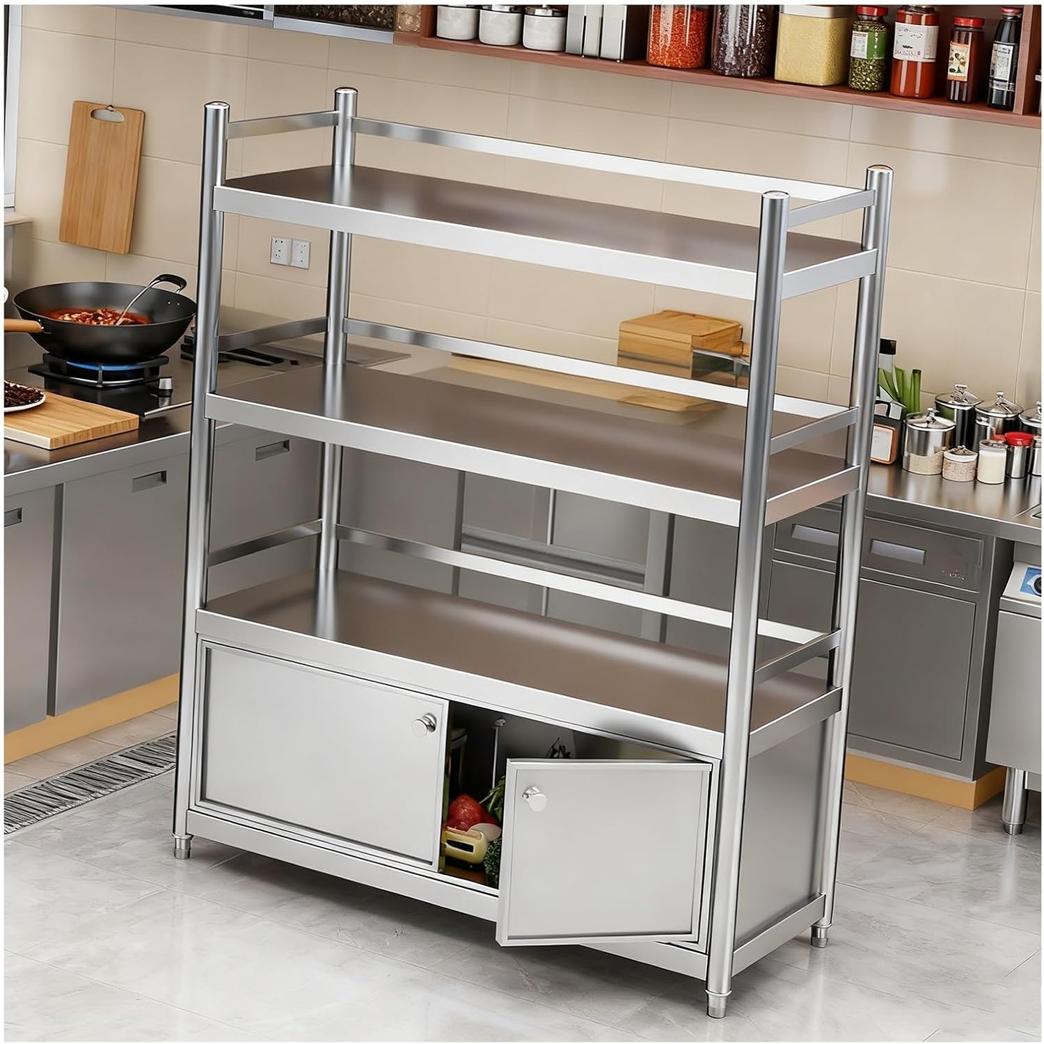 Floor-Standing 4-Tier Workbench Stainless Steel Kitchen Shelving Unit with Double-Door Cabinet Worktable Features Elevated Guardrail Design(60x40x133cm/23.6x15.7x52.4”)