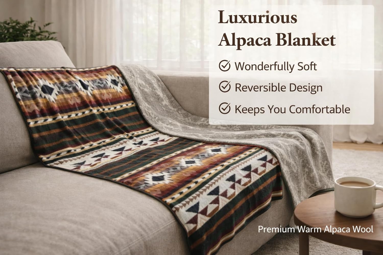 Alpaca Wool Blanket, Throw Size 78 x 47, Reversible 2 in 1, Thick and Ultra Soft, Hypoallergenic, Non-Itchy, Handmade in Ecuador. Premium Alpaca Wool Thtow Blanket for Cozy Comfort. (Green, Throw)