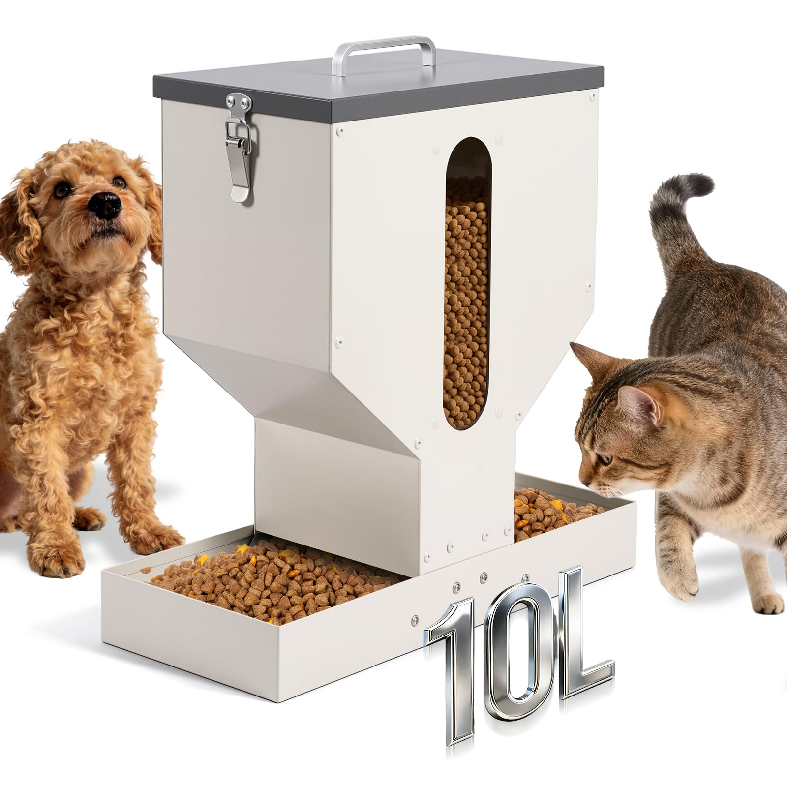 Comedero Automático para Gatos 2 Recipientes, Dispensador de Comida Seca para Gatos, 10L, Metal, Dispensador de Comida para Gatos y Perros Pequeños, Fácil de Limpiar
