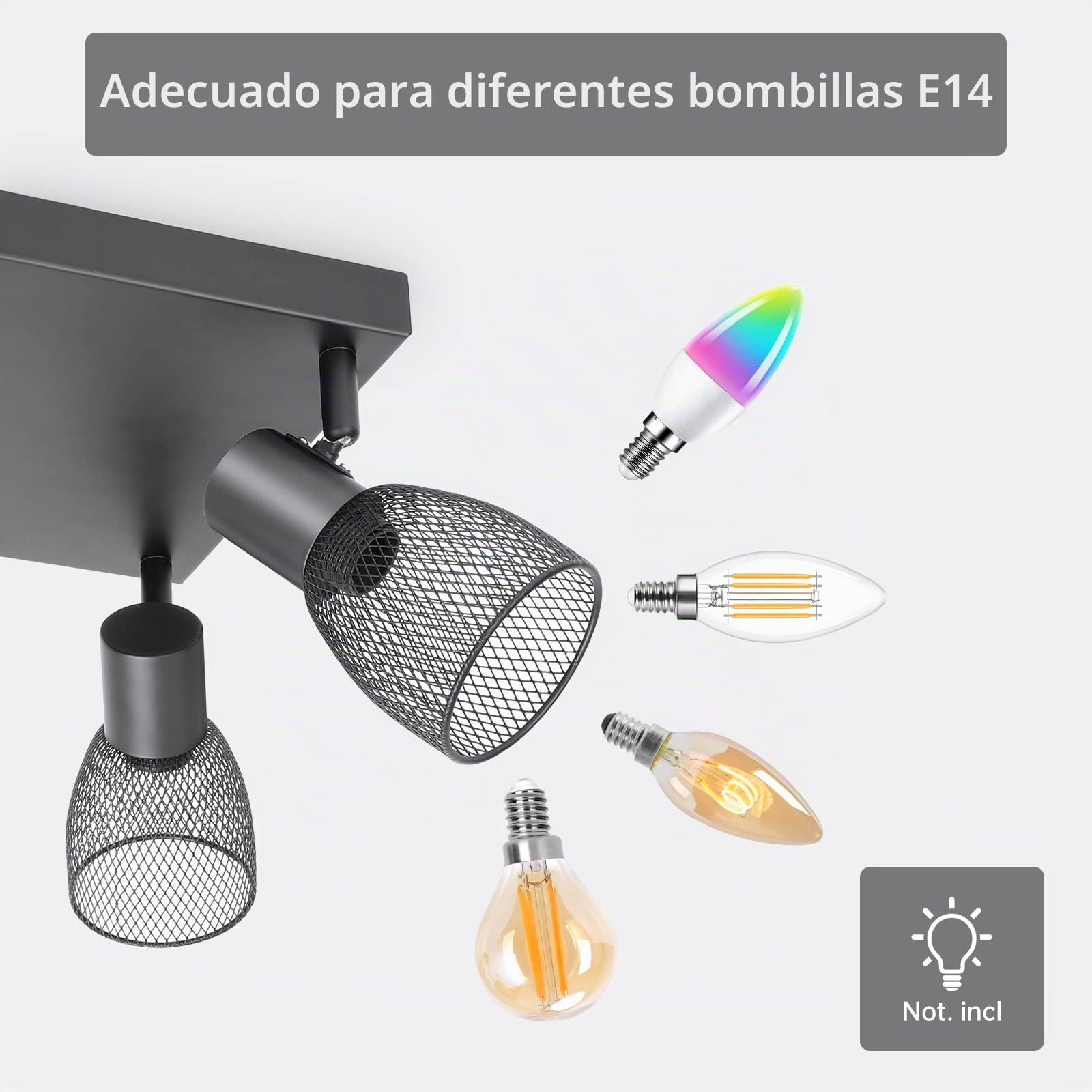 Focos Para el Techo E14, Lámpara de Techo de 3 Focos Giratorios Negro, Foco de Pared Cuadrado Iluminación LED con Pantallas de Malla Metálica para Dormitorio Cocina Pasillo (Sin bombillas E14)
