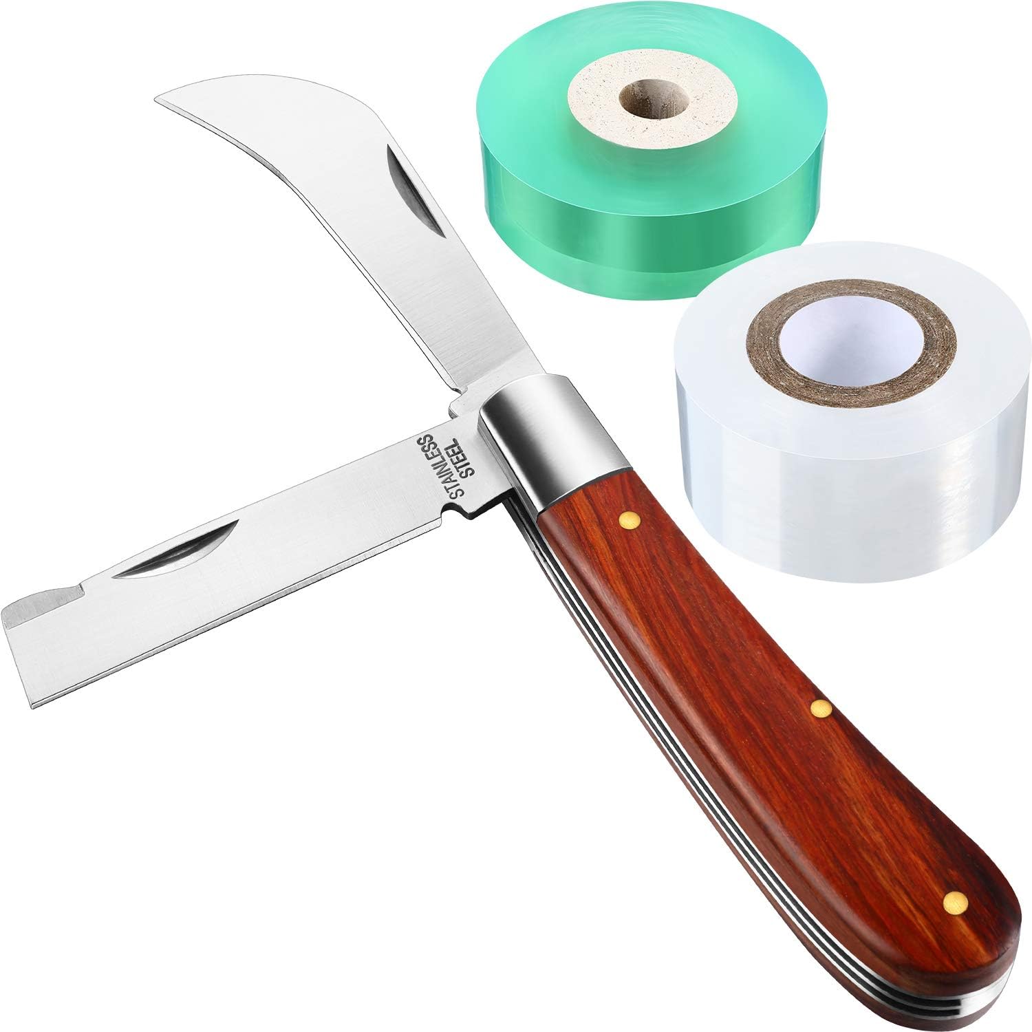 Mudder Grafting Gardening Knife for Pruning, Double Blades Garden Knife for Budding Pruning with 2 Rolls Grafting Tape Plants Repair Tapes for Floral Fruit Tree