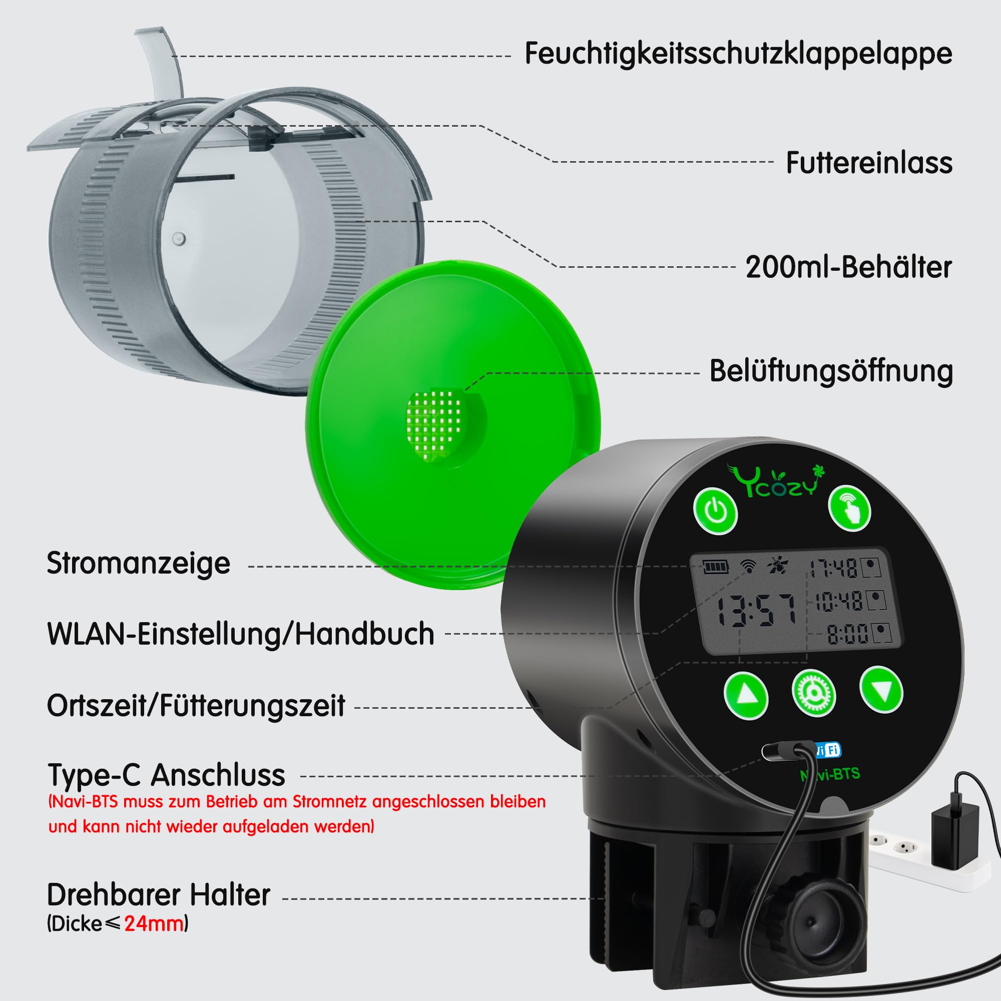 Ycozy WiFi Fischfutter Automat Aquarium, Futterautomat Netzteil mit Stecker & USB-C Kabel Fischfutterspender WLAN Gesteuerter mit APP Automatischer Fischfutterautomat für Aquarium Navi-BTS