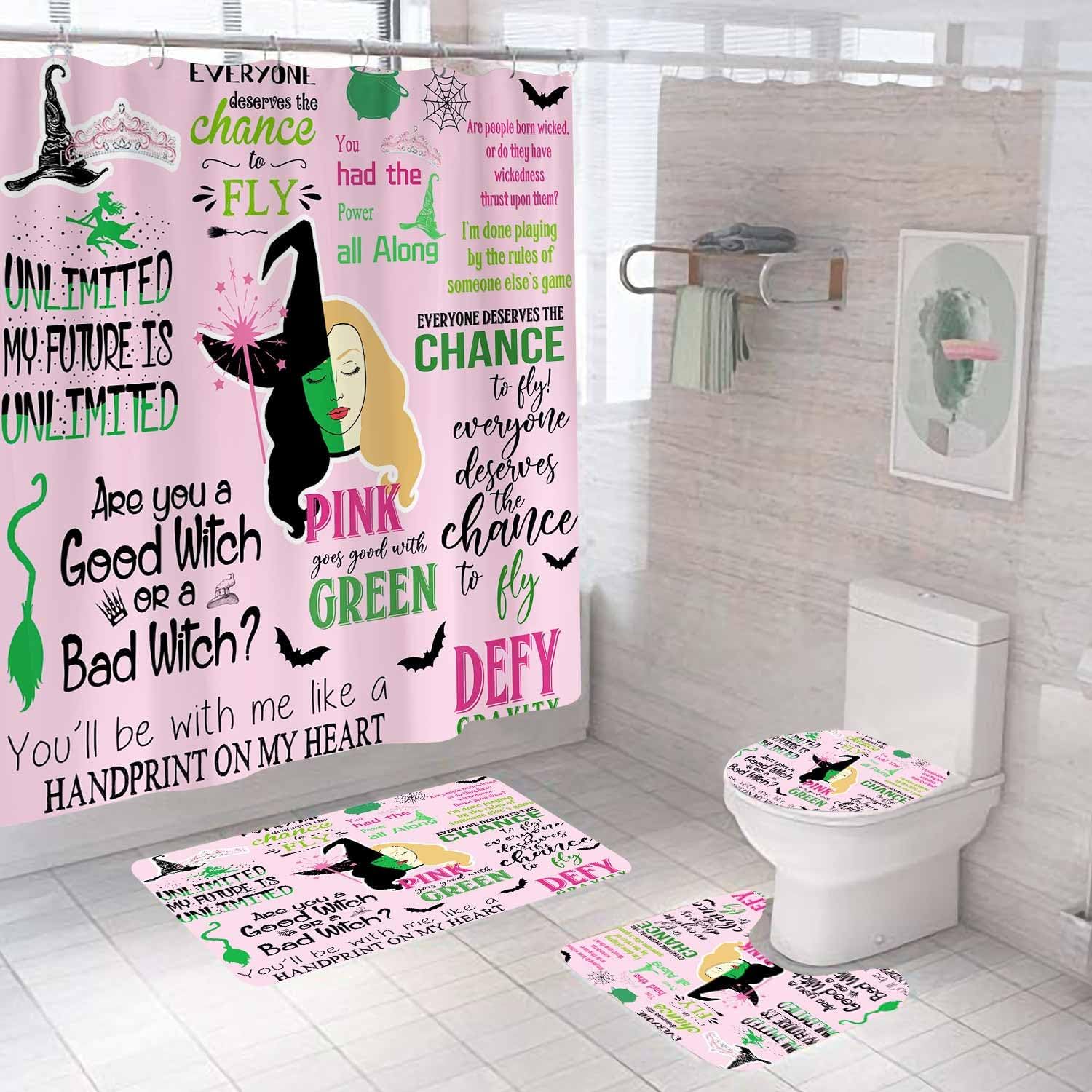 4PCS Wicked Witch Shower Curtain Sets with Rugs, Waterproof Fabric Pink and Green Shower Curtain, Funny Magic Witchy Bathroom Decor, Wicked Witchy Gifts for Women & Teen Girls