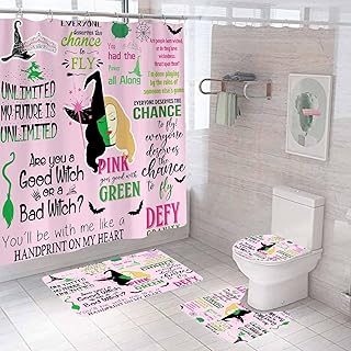 OLEBETY 4PCS Wicked Witch Shower Curtain Sets with Rugs, Waterproof Fabric Pink and Green Shower Curtain, Funny Magic Witchy Bathroom Decor, Wicked Witchy Gifts for Women & Teen Girls