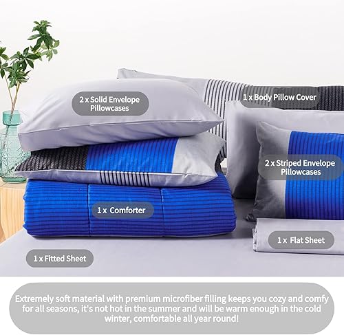 Miniatura 4 de RYNGHIPY Juego de edredón de 8 piezas a rayas azules y grises tamaño King, edredón de microfibra ultra suave con relleno de retazos, sábanas y