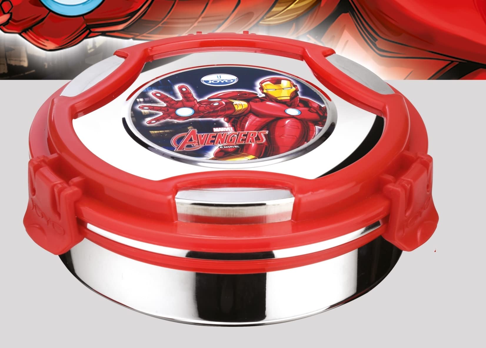 JOYO Original Licensed Marvel-Disney Yummie Big 900 ML Stainless Steel Lunch Box with Inner Steel Container for Kids (900 Ml) (Yummie Single, Marvel-Avengers)