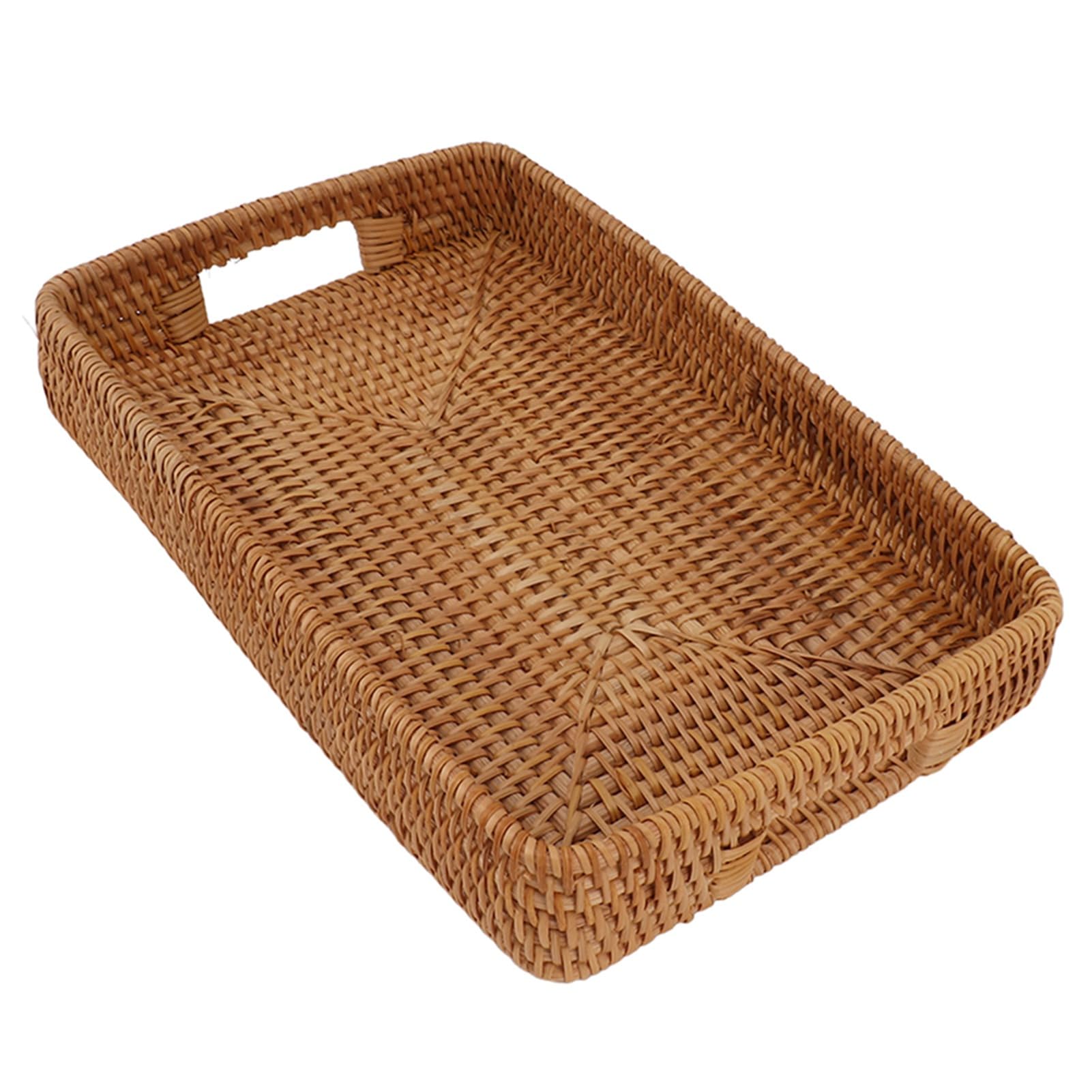 Jiawu Bandeja de Mimbre para Servir con Asas, Bandeja Decorativa Rectangular de Gran Capacidad para Frutas, Postres, Cocina y Hogar (L)