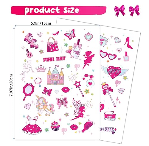 Miniatura 3 de Konsait 96 tatuajes temporales de color rosa con purpurina para niños y niñas, tatuajes temporales para fiesta de cumpleaños, tatuajes impermeables