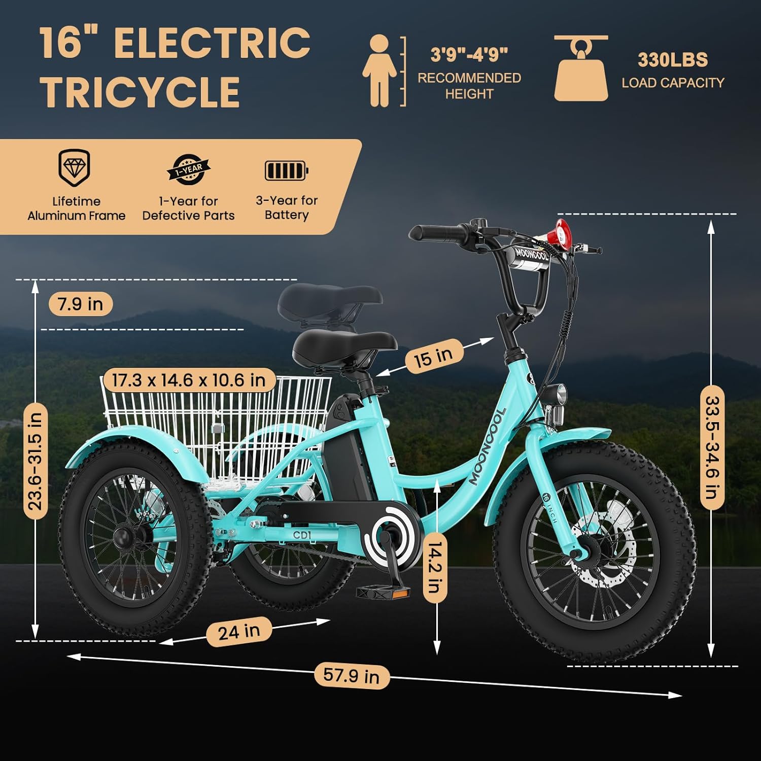 MOONCOOL 16"×3" Youth Electric Trike, 250W Fat-Tire 3-Wheel eBike for Boys & Girls, Aluminum Frame, Removable Battery/Basket, Up to 35-Mile Range