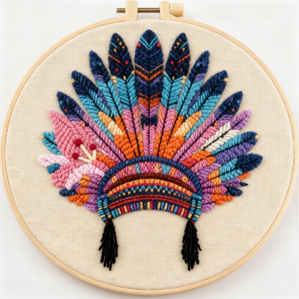 DIY Punch Needle Kits American Native Indian Headdress Easy for Beginners Starter Set with Hoop Needlepoint Embroidery Craft Hobby and Home Decor 20x20cm